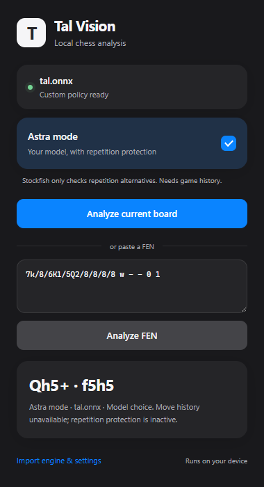 Tal Vision popup with tal.onnx loaded, Astra mode enabled, and a move suggestion for a pasted chess position.